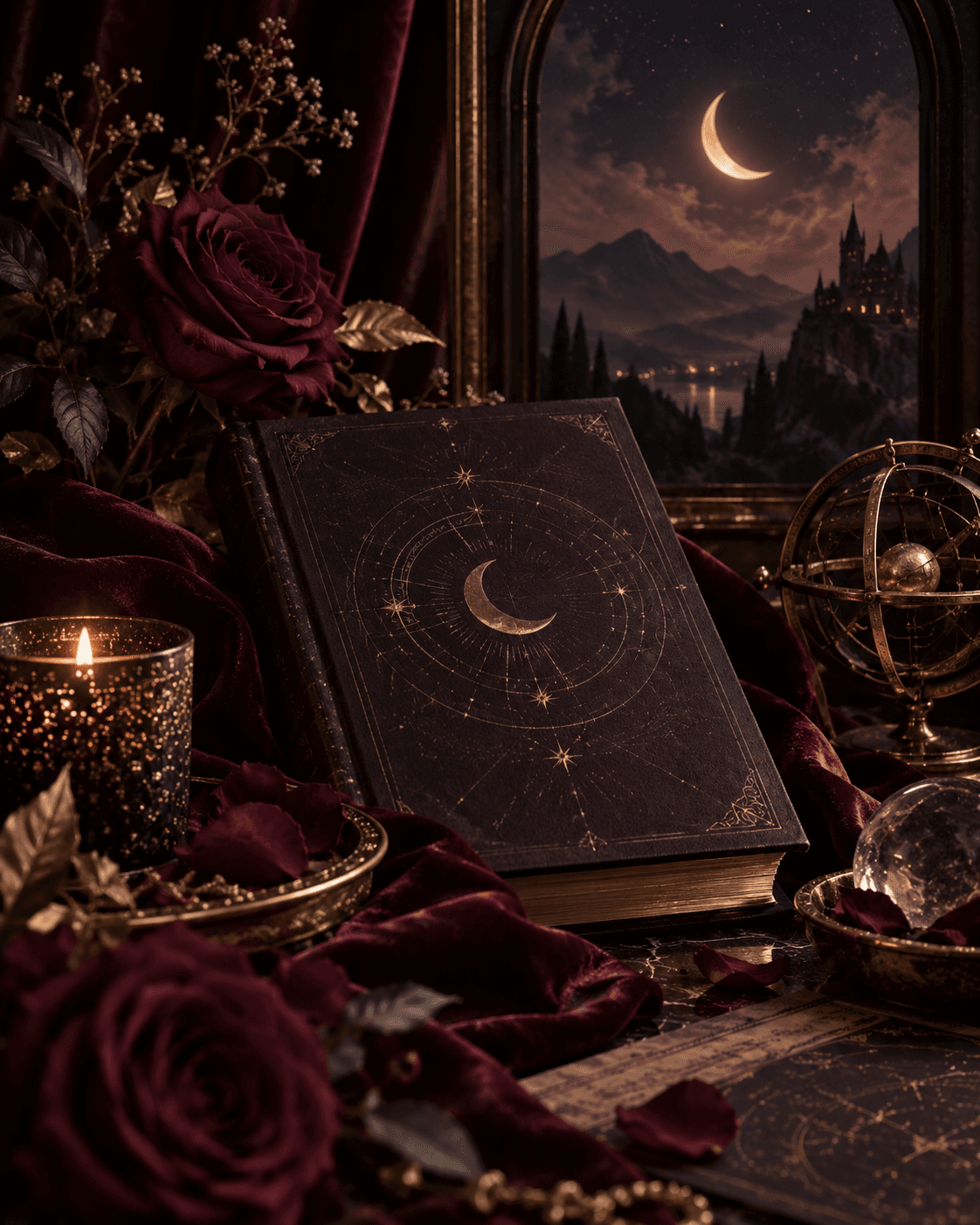 A moon-embossed book among burgundy roses and candlelight, beside a window overlooking a castle beneath a crescent moon.